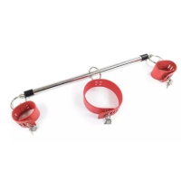 STAINLESS STEEL SPREADER BAR WITH LOCKABLE COLLAR AND HANDCUFFS - RED STAINLESS STEEL SPREADER BAR WITH LOCKABLE COLLAR AND HANDCUFFS - RED